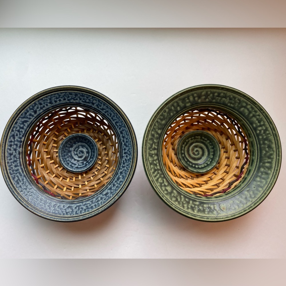 Hand woven art pottery green and blue ceramic bowl basketry bowl signed lot of 2
